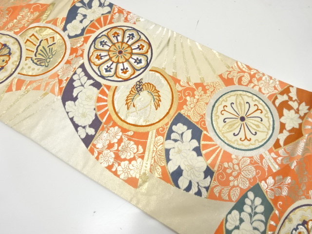 JAPANESE KIMONO / ANTIQUE FUKURO OBI / SILK / WOVEN FOLDING FAN & BUTTERFLY & CRANE & FLOWERS